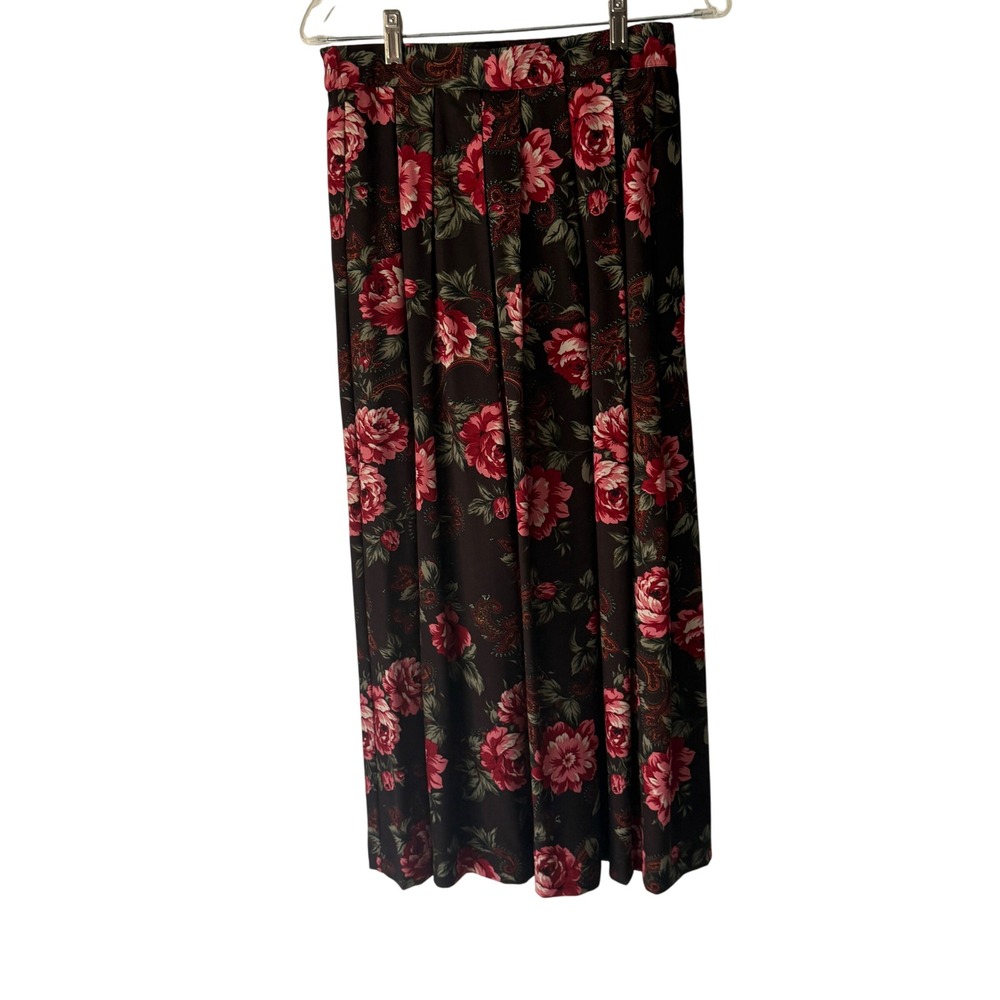 Worthington Vintage 90s Floral Skirt Brown Rose Print Pleated Maxi Size 8 Grunge